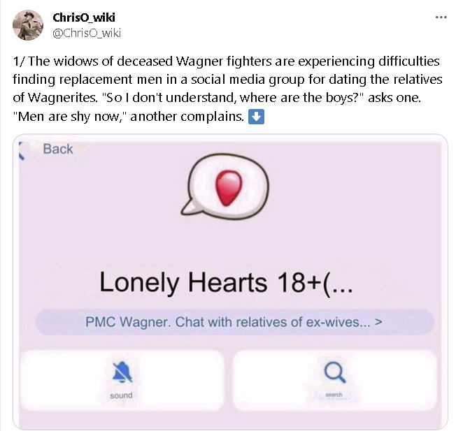 Widows of deceased Wagner fighters are experiencing difficulties finding replacement men. 'So I don't understand, where are the boys?' asks one. 'Men are shy now,' another complains.
