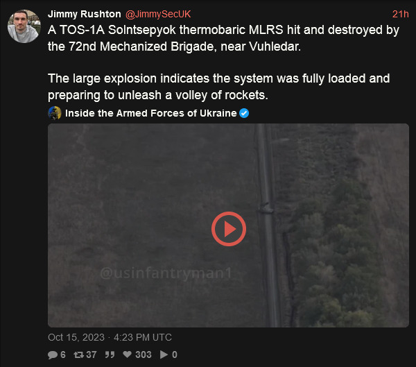 A TOS-1A Solntsepyok thermobaric MLRS hit and destroyed by the 72nd mechanized brigade, near Vuldehar. The large explosion indicates the system was fully loaded.