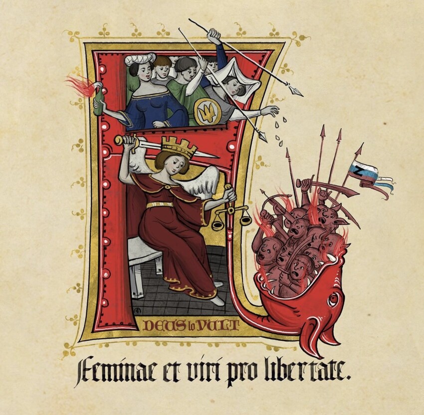 Piece with women with spears and swords attacking orcs.