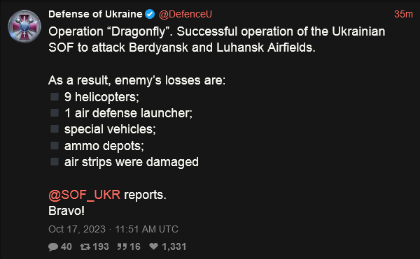 Operation Dragonfly. Successful operation of the Ukrainian SOF to atack Berdyansk and Luhansk airfields. Enemy's losses are 9 helicopters, 1 air defense launcher, special vehicles, ammo depots, and air strips.