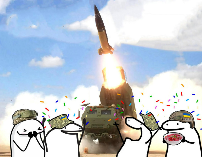 Flork of Cows characters celebrate in front of a HIMARS firing an ATACMS round.