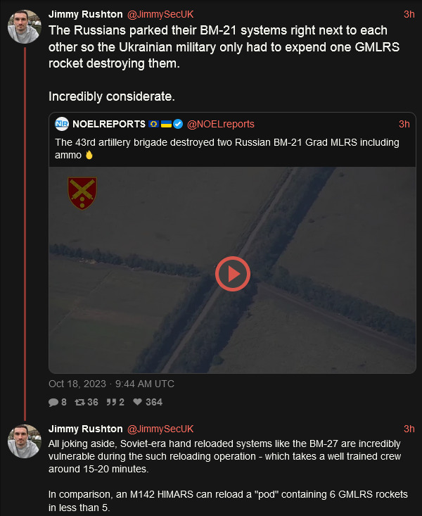 Russians parked their BM-21 systems right next to each other so the Ukrainian military only had to expend one GMLRS rocket destroying them.