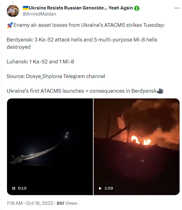 Detail about ATACMS strikes. Berdyansk: 3 Ka-52, 5 Mi-8, Luhansk, 1 Ka-52 and 1 Mi-8.