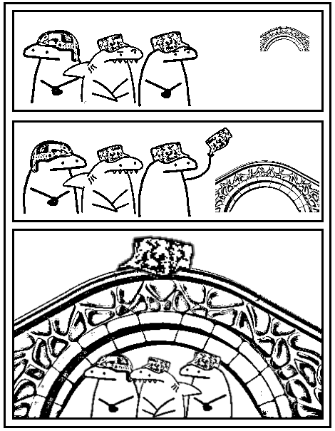 Flork of Cows characters give a hat to a generic bridge.