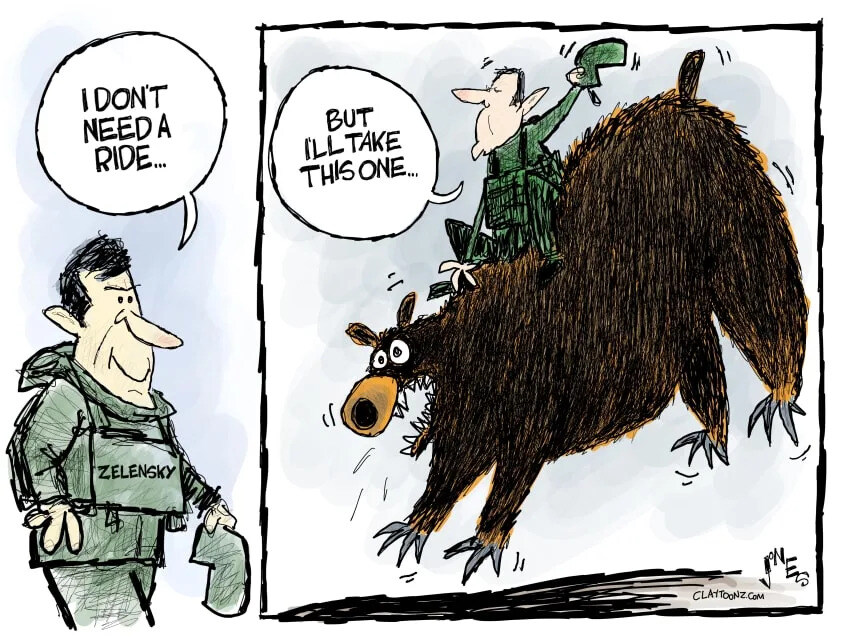 Political cartoon where Zelenskyy says, 'I don't need a ride,' then jumps on a bear as if it were a rodeo bull and says, 'But I'll take this one.'
