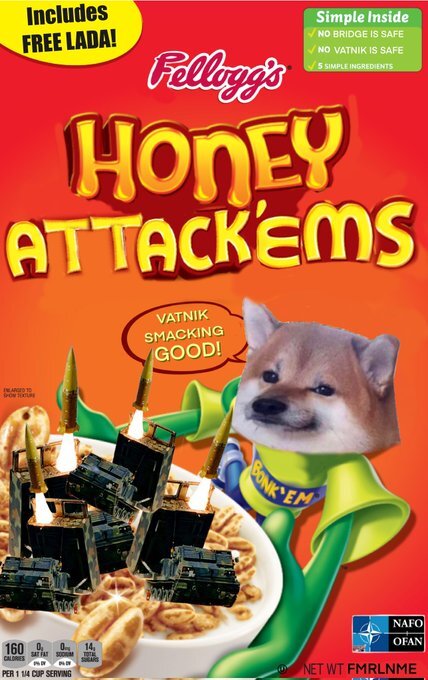 Honey Attack'ems, cereal box that resembles Honey Smacks, with a fella in place of Dig'Em, HIMARS in the cereal bowl, 'Includes free Lada!', Fellogg's not Kellogg's, Vatnik smackin' good.
