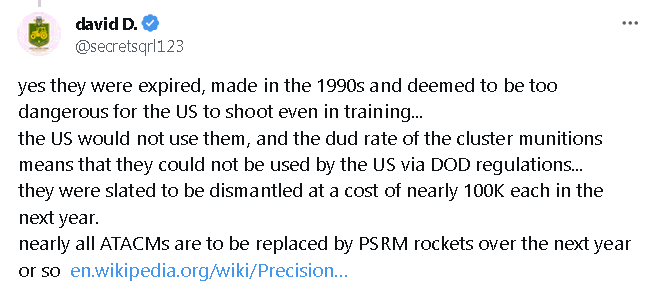 ATACMS were expired, made in the 1990s and deemed to be too dangerous for the US to shoot even in training. They were slated to be dismantled at a cost of nearly 100K each in the next year.