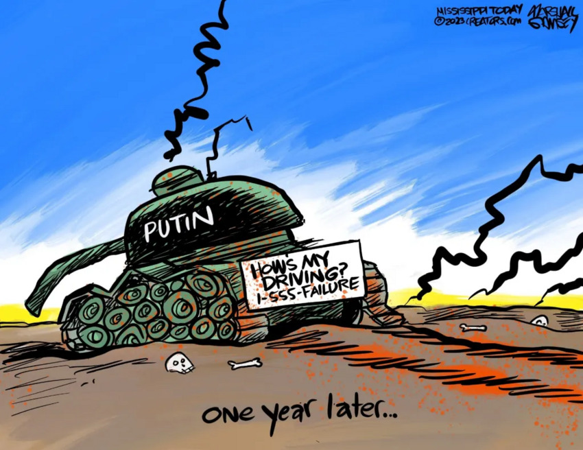 One year later: Tank labeled Putin is all busted, bumper sticker says, 'How's my driving? 1-555-FAILURE'