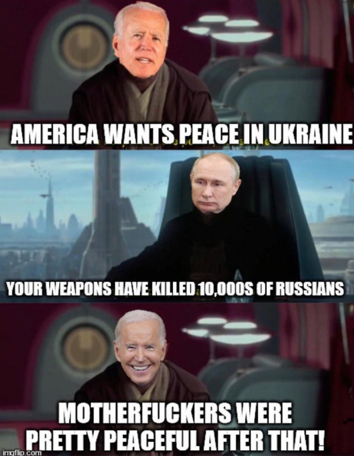 Biden: America wants peace in Ukraine. Putin: Your weapons have killed tens of thousands of Russians. Biden: Motherfuckers were pretty peaceful after that!