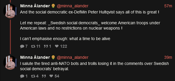 Minna Alander: Swedish social democrats welcome American troops under American laws and no restrictions on nuclear weapons. I can't emphasise enough: what a time to be alive.