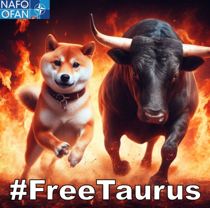 #NAFO showing Shiba Inu and a bull charging toward the camera, #FreeTaurus.