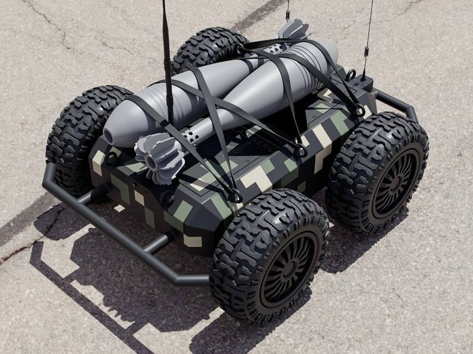 The Ratel-S remote-controlled car drone, with 2 small bombs strapped to its top.