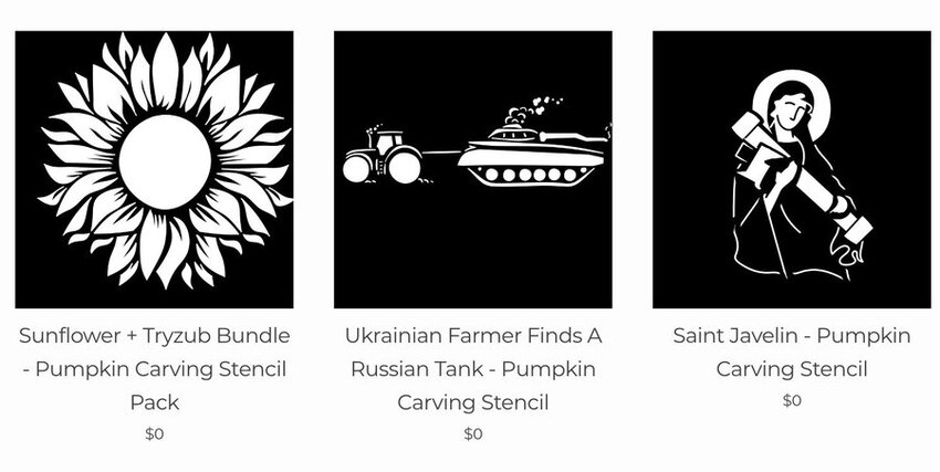 Pumpkin carving stencils: Sunflower tryzub, Ukrainian farmer finds a Russian tank, Saint Javelin.