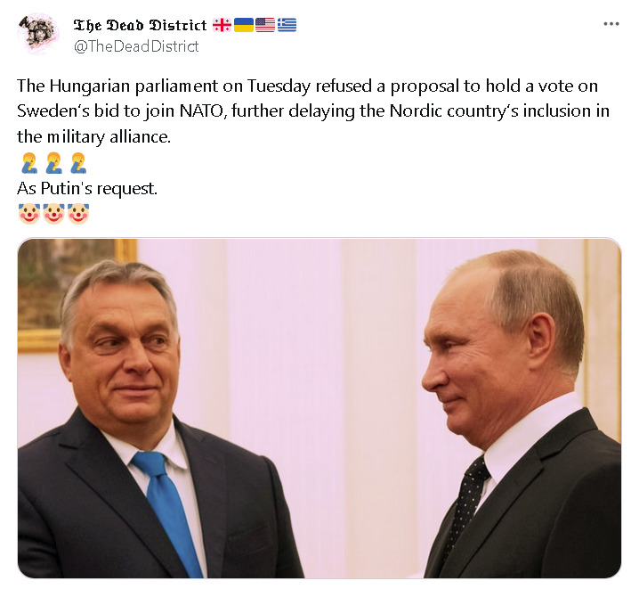 Hungarian parliament on Tuesday refused a proposal to hold a vote on Sweden's bid to join NATO, at Putin's request.