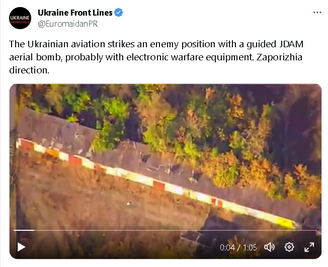 Ukrainian aviation strikes an enemy position with a guided JDAM aerial bomb, probably with electronic warfare equipment. Zaporizhzhia direction.