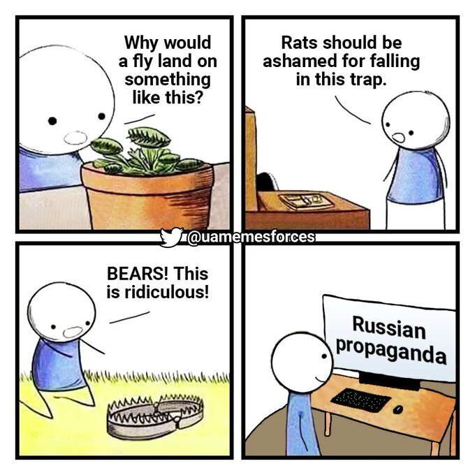 Guy says, 'Why would a fly land on this Venus flytrap? Rats should be ashamed for falling in this trap. Bears! This is ridiculous!' and then smiles while looking at Russian propaganda.