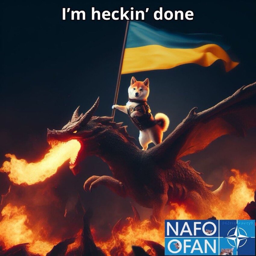 Shiba Inu with Ukrainian flag rides on dragon, caption 'I'm heckin' done.' #NAFO