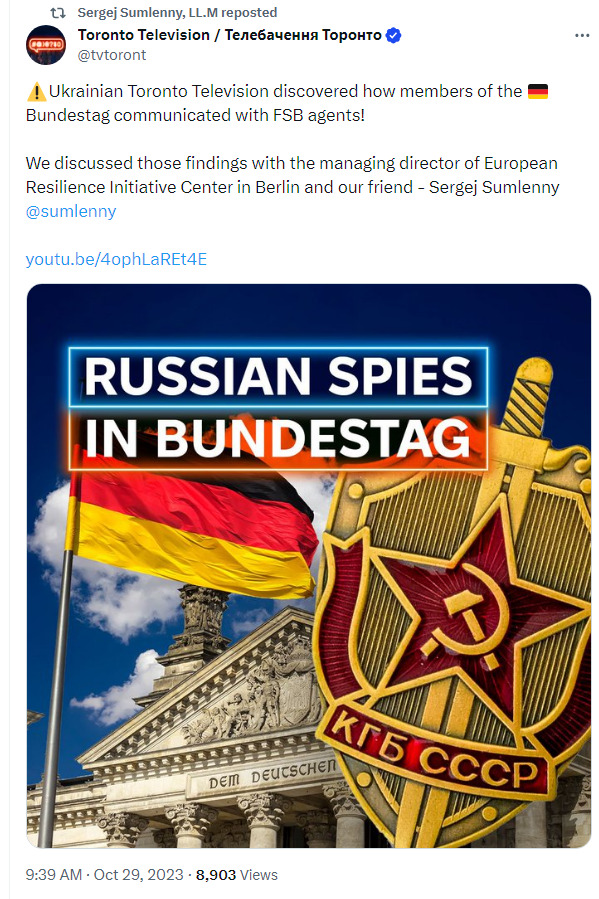 Toronto Television discovered how members of the German Bundestag communicated with FSB agents, picture labeled 'Russian spies in Bundestag.'