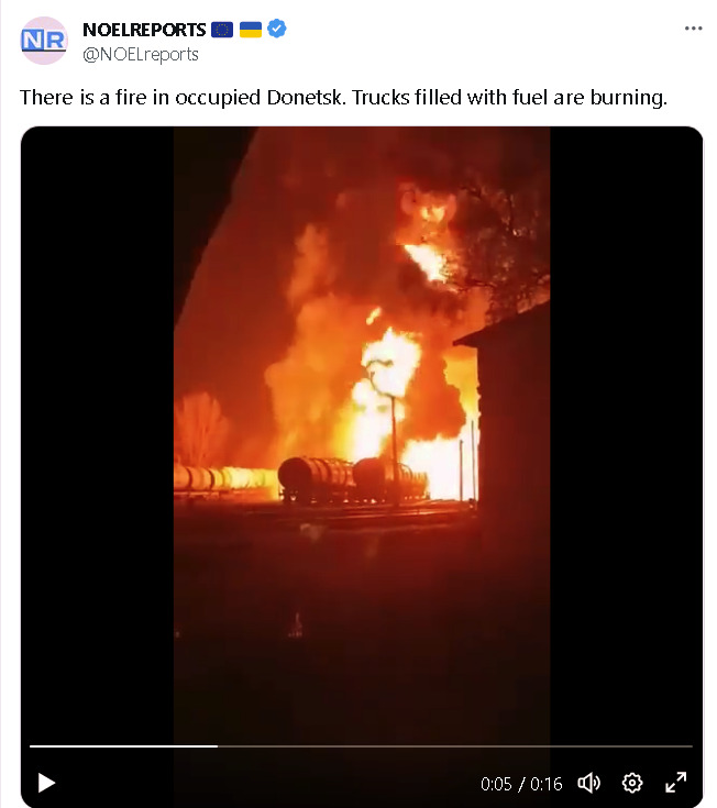 A fire in occupied Donetsk. Trucks filled with fuel are burning.