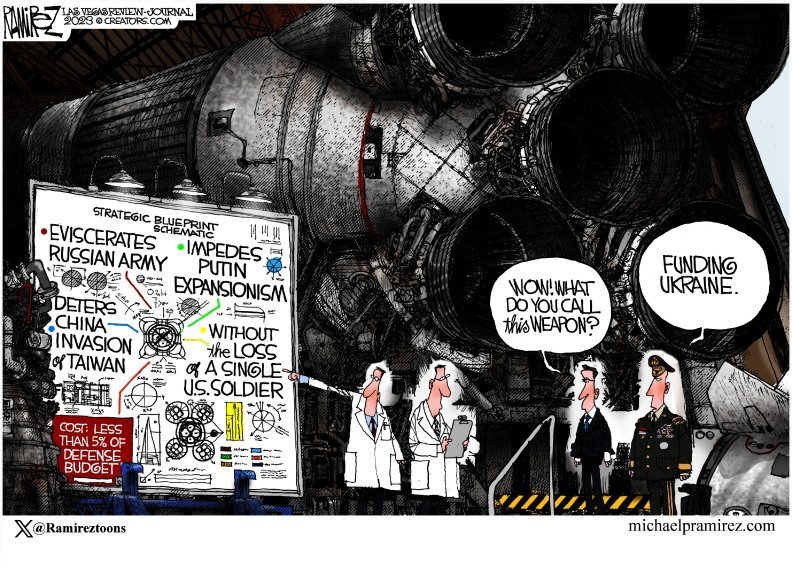 Political cartoon where weapon eviscerates Russian army, deters China invasion of Taiwan, impeded Putin expansionism. What do you call this weapon? Funding Ukraine.