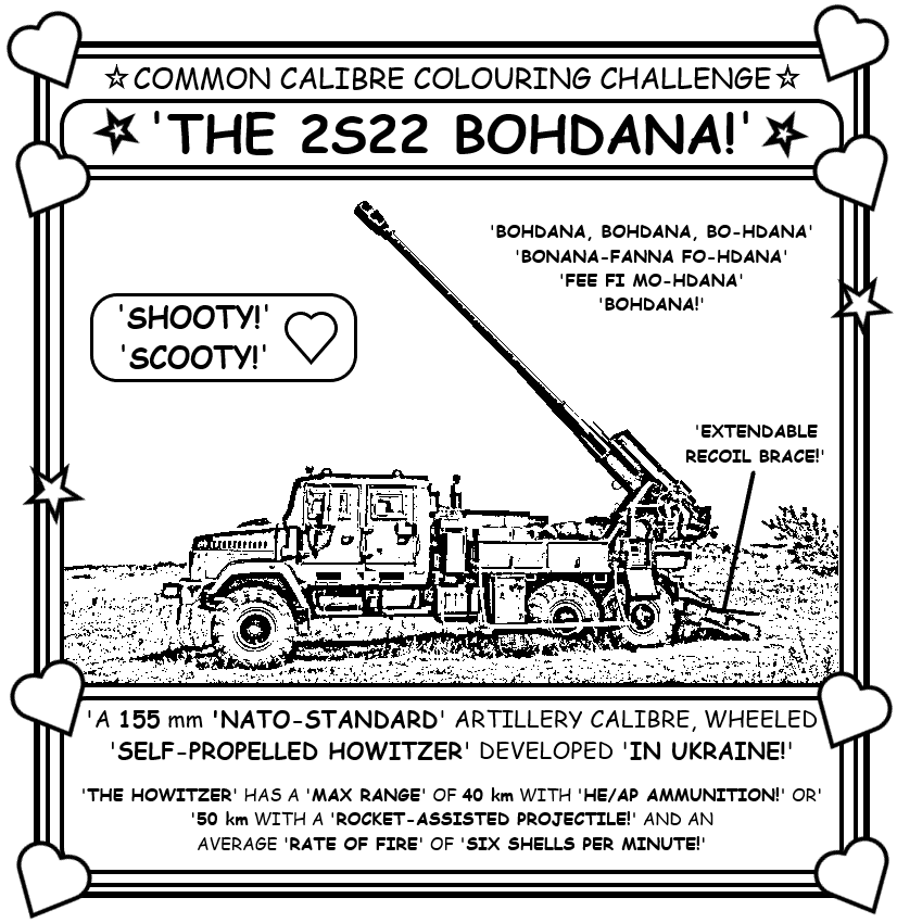 Coloring book page about the 2S22 Bohdana howitzer, developed in Ukraine.
