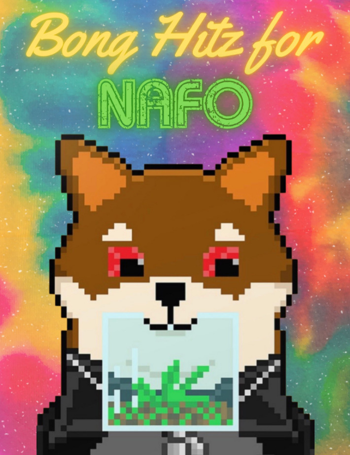 Pixellated fella looks at weed bag, caption 'Bong Hits for NAFO'