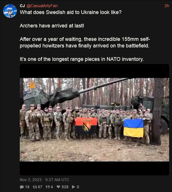 Sweden sending Archers to Ukraine, they have arrived at last. These are one of the longest range pieces in NATO inventory. (picture of an Archer with a bunch of Ukraine Army people.)