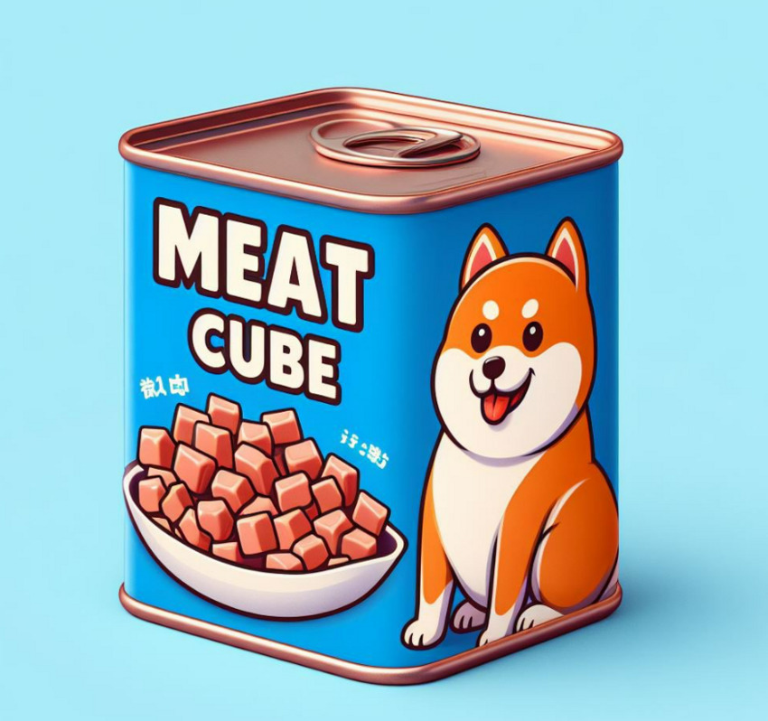 Canned meat cube (pink cubical chunks) with a cartoon Shiba Inu.