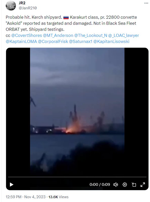 Kerch shipyard. Karakurt class, pr. 22800 corvette Askold reported as targeted and damaged.