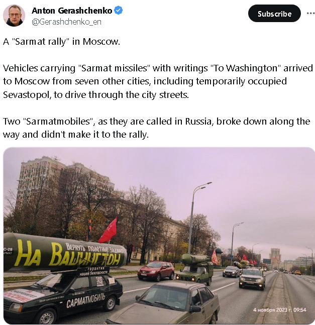 Tweet about a 'Sarmat rally' held in Russia, where vehicles carrying 'Sarmat missiles' with 'To Washington' written on them arrived in Moscow. Two of the cars broke down along the way and didn't make it to the rally.