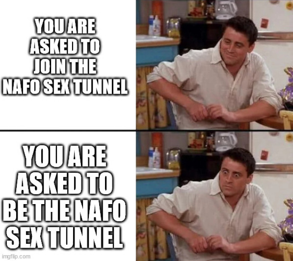 You are asked to join the NAFO sex tunnel: OK. You are asked to be the NAFO sex tunnel: wide-eyed shock.
