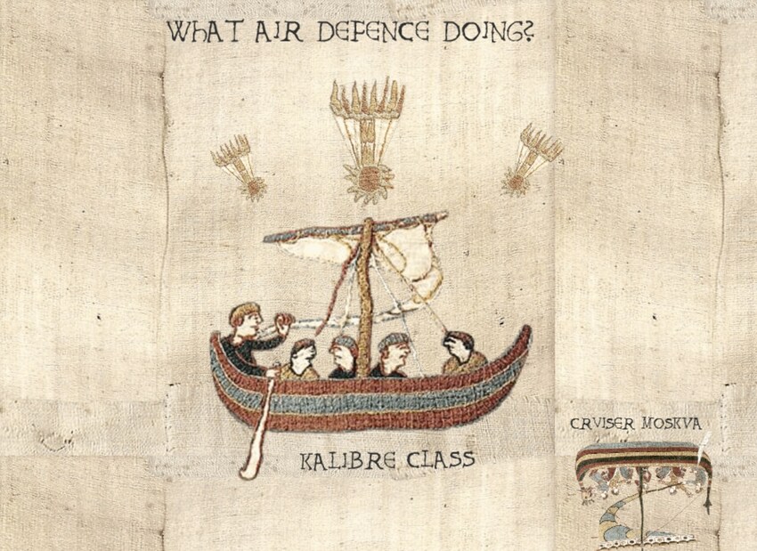 In the style of the Bayeaux Tapestry: Kalibre class boat says 'What air defence doing?' as missiles rain down on it.