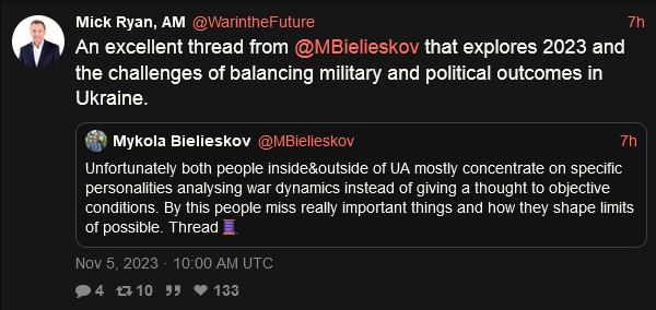 Unfortunately both people inside and outside of UA mostly concentrate on specific personalities analyzing war dynamics instead of objective conditions. People miss really important things and how they shape limits of possible.