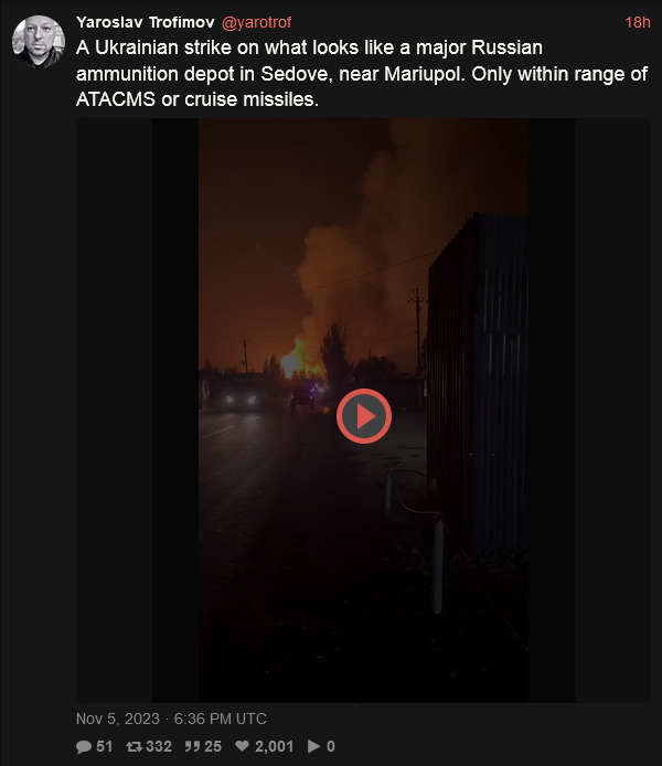 Ukrainian strike on a major Russian ammo dump in Sedove, near Mariupol.