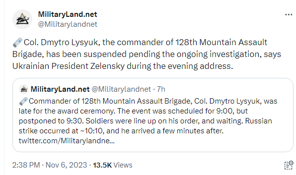 Col. Dmytro Lysyuk was late for the awards ceremony. The event was scheduled for 9:00 but postponed to 9:30. Soldiers were lined up on his order, and waiting. Russian strike occurred at about 10:10, and he arrived a few minutes after.