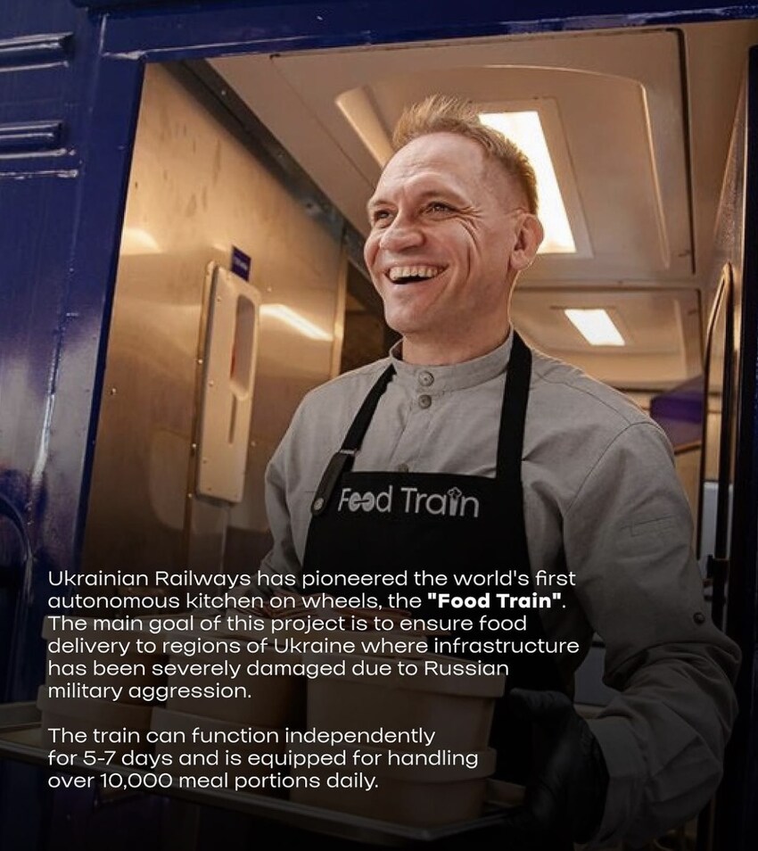 Ukrainian Railways has pioneered the world's first autonomous kitchen on wheels, the 'Food Train'. The train can function independently for 5-7 days and is equipped for handling over 10,000 meals daily.