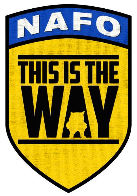 Small embroidered patch in blue and yellow, captioned 'NAFO: This is the Way' with a fella.