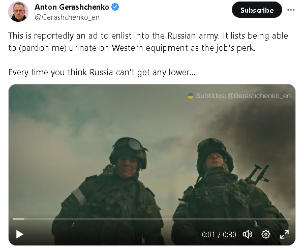 This is reportedly an ad to enlist into the Russian army. It lists being able to urinate on Western equipment as the job's perk.