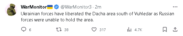 Ukrainian forces have liberated the Dacha area south of Vuhledar as Russian forces were unable to hold the area.