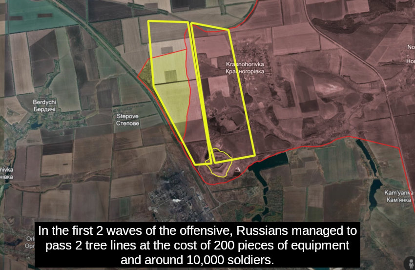 Aerial photo showing area of a recent Russian offensive, captioned 'In the first 2 waves of the offensive, Russians managed to pass 2 tree lines at the cost of 200 pieces of equipment and around 10,000 soldiers.'