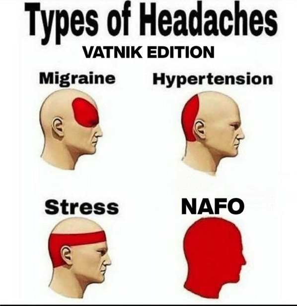 Diagram about types of headaches, vatnik edition: Migraine (front), Hypertension (back), stress (side), NAFO (EVERYTHING).