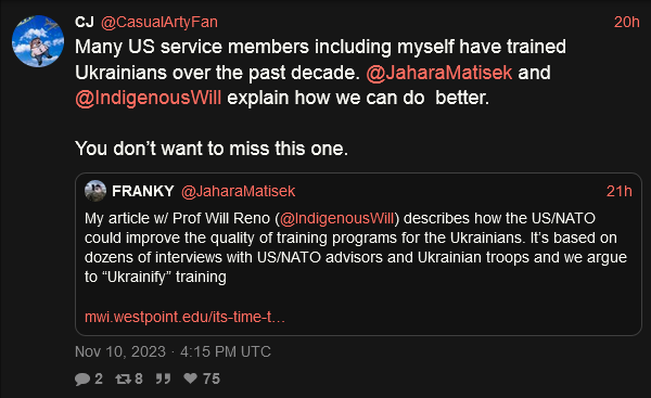 Article with Will Reno describes how the US/NATO could improve the quality of training programs for the Ukrainians. It's based on dozens of interviews with advisors and Ukrainian troops.