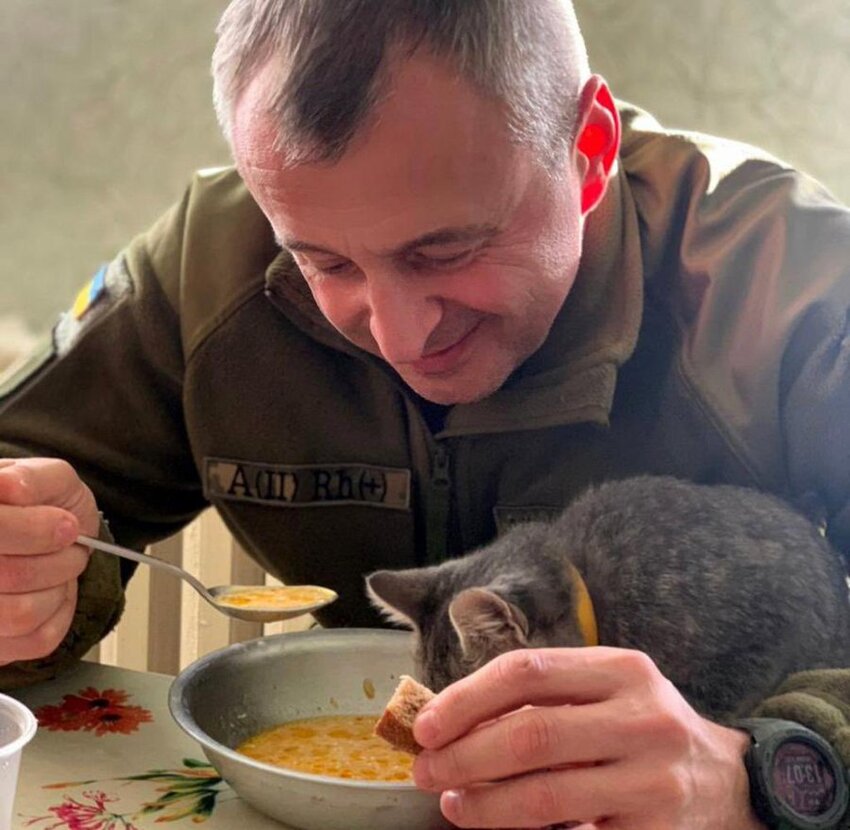 A Ukrainian soldier is eating soup with a small gray cat poking its nose into the bowl.