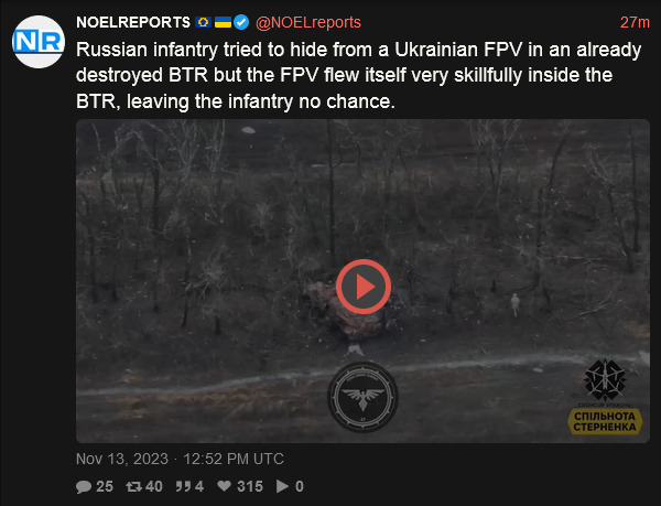 Russian infanrty tried to hide from a Ukrainian FPV in an already destroyed BTR but the FPV flew itself very skillfully inside the BTR, leaving the infantry no chance.