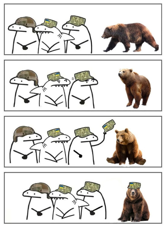 Flork of Cows characters give a hat to a bear.