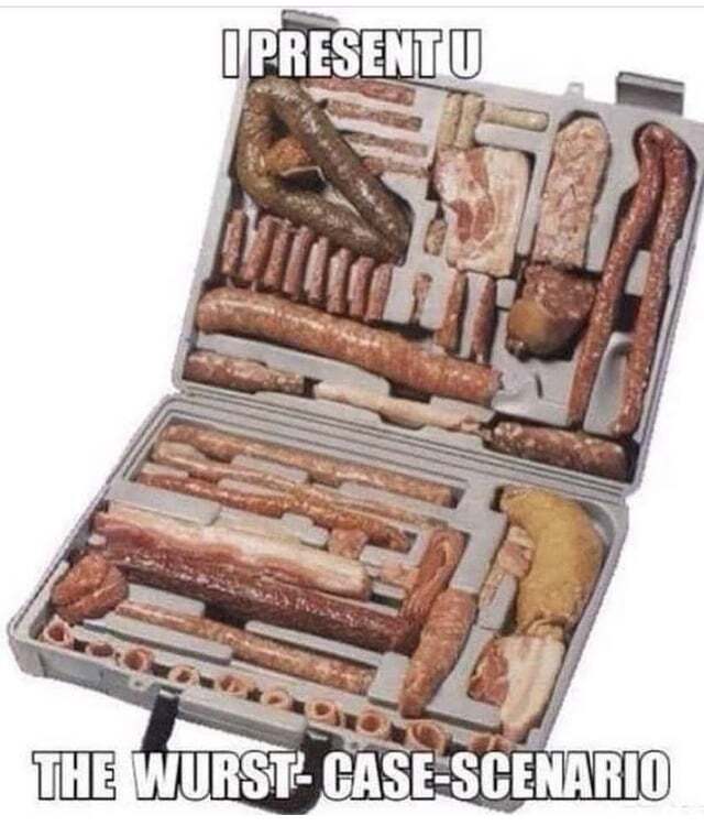 Plastic tool case with a bunch of sausages stuffed into it, captioned 'Wurst case scenario'