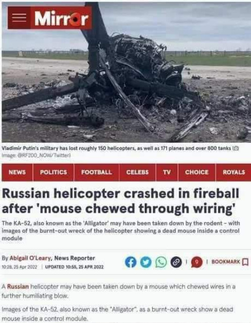 Russian helicopter crashed in fireball after mouse chewed through wiring.