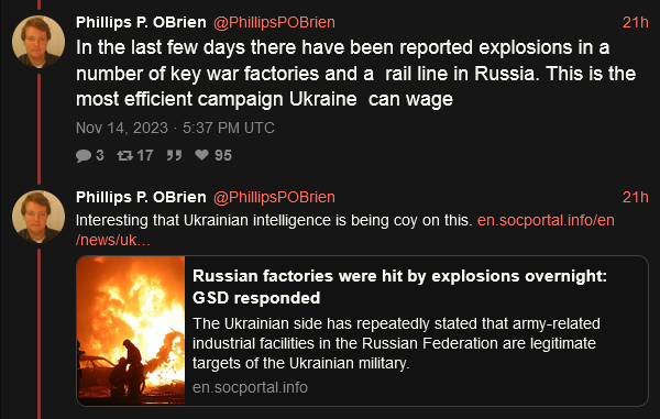 In the last few days, there have been reported explosions in a number of key factories and a rail line in Russia. This is the most efficient campaign Ukraine can wage.
