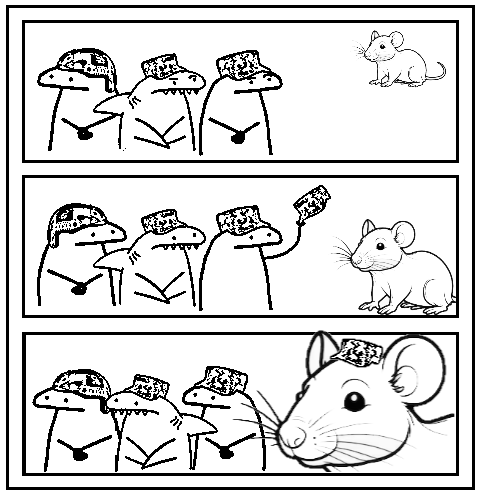 Flork of Cows gives a hat to a rat.