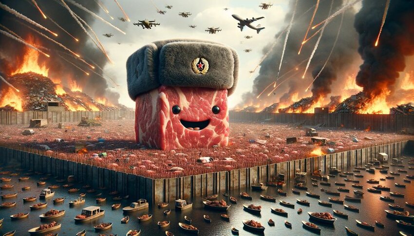 Meat Cubie in a stockade while lots of things explode around him.